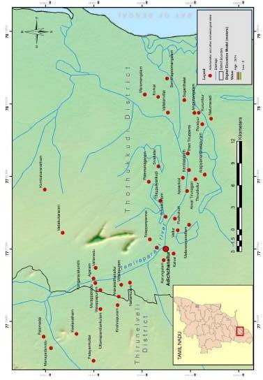 A regional map of southern Tamil Nadu showing about 30 Iron Age sites along the Tambiraparani river basin