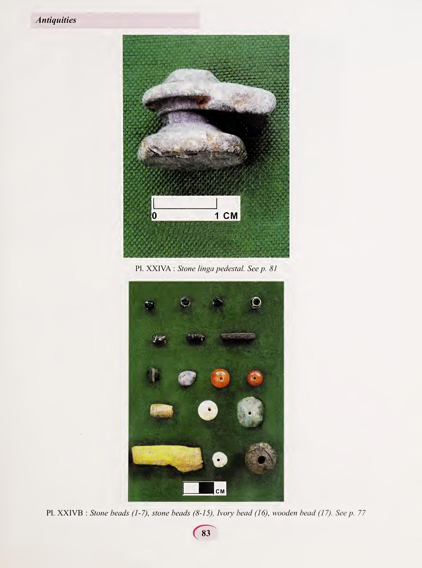 A small stone linga pedestal photographed against green velvet, with a separate panel showing seventeen excavated stone beads of various colours and shapes