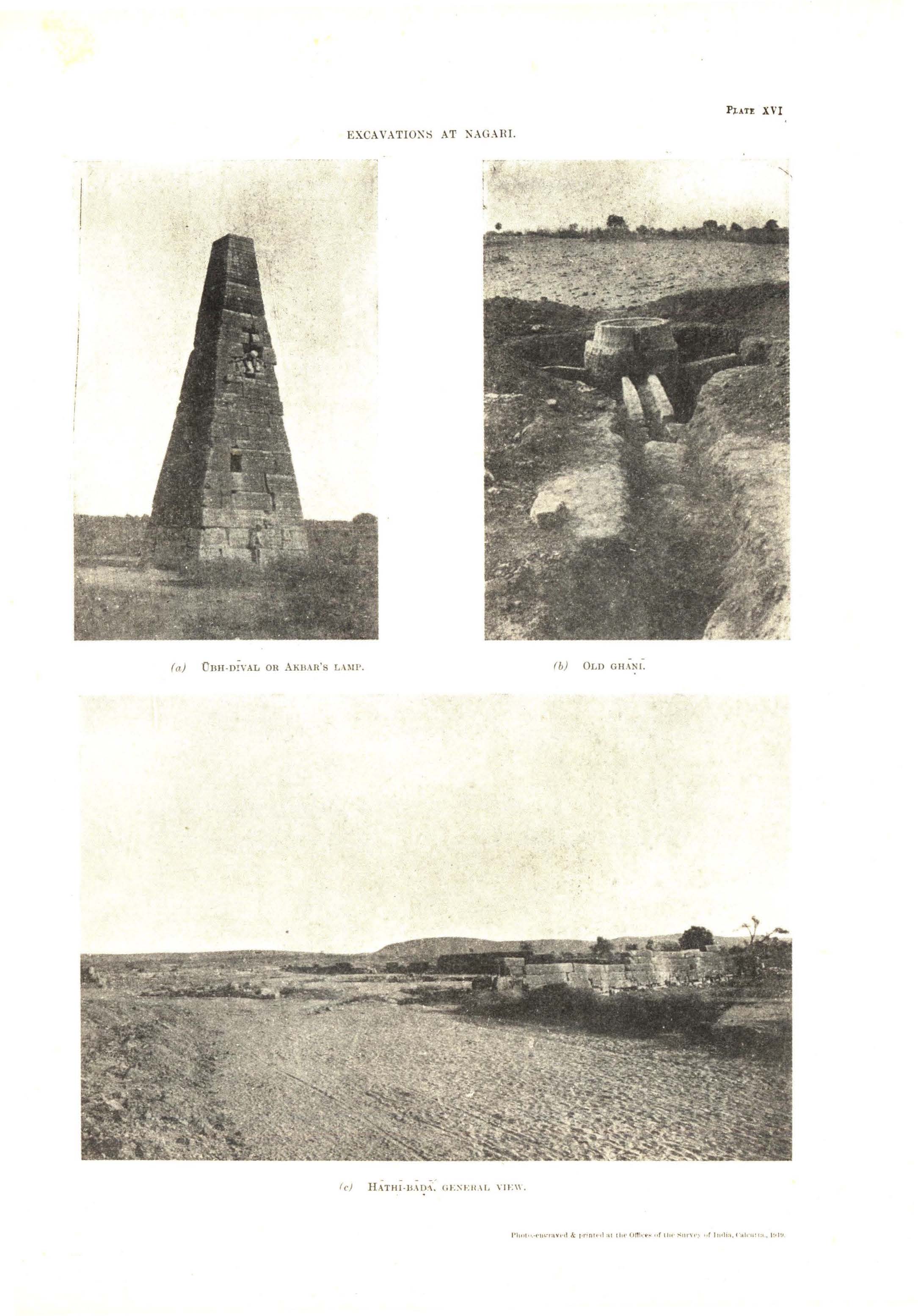 1915 photographs of two unusual stone monuments at Nagari and a wide view of the Hathi-bada ruins