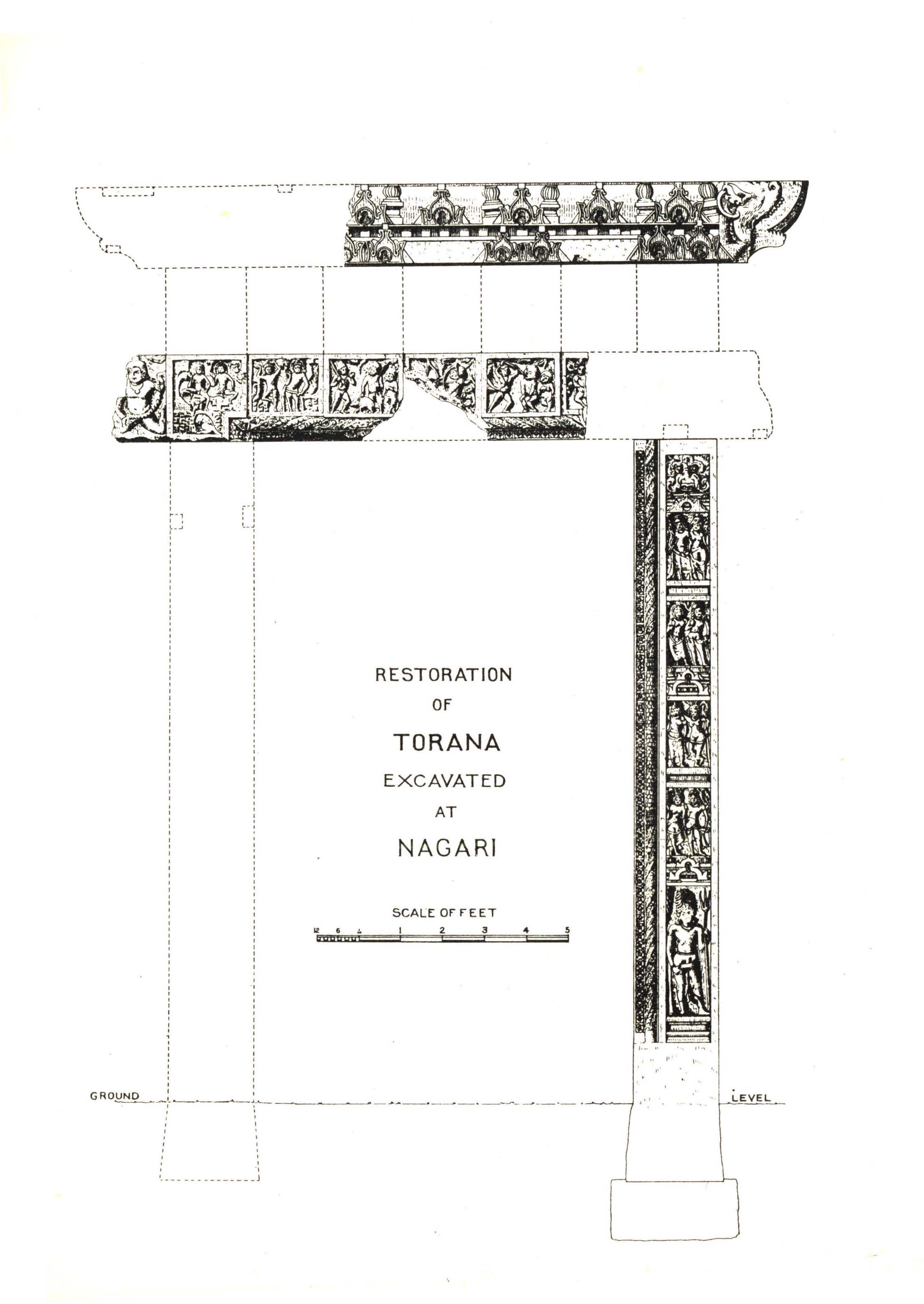 Reconstruction drawing of an excavated stone gateway at Nagari, showing carved figures and animal capitals
